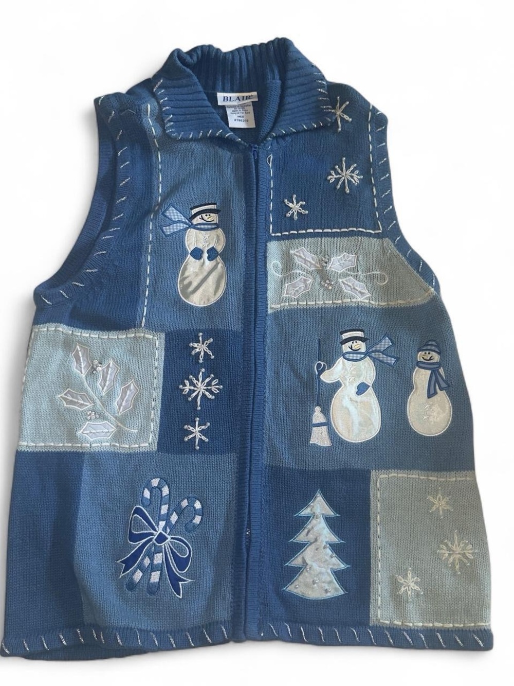Blair Blue Patchwork Snowman Holiday Vest